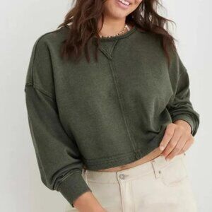 Aerie Beach Party Cropped Crew Neck Sweater Size XL Olive Green Slouchy Raw Hem